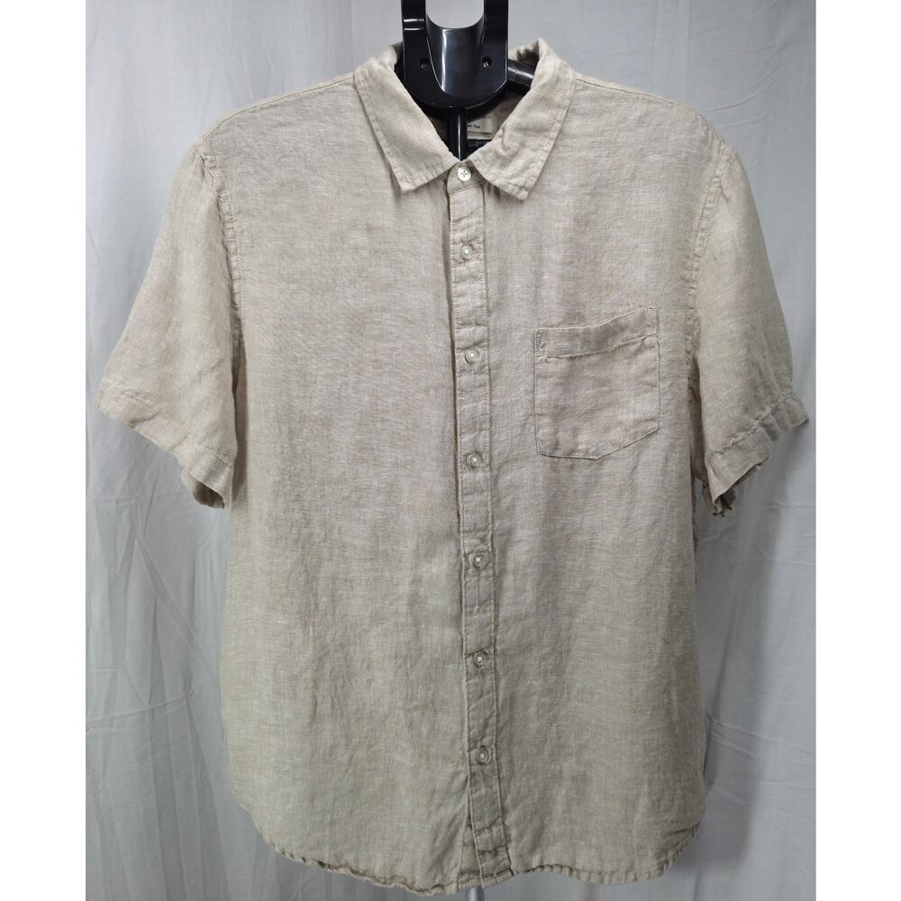 Thom Aaron 100% Linen Button Shirt Men’s Beige Short Sleeve Flax Pocket Casual M